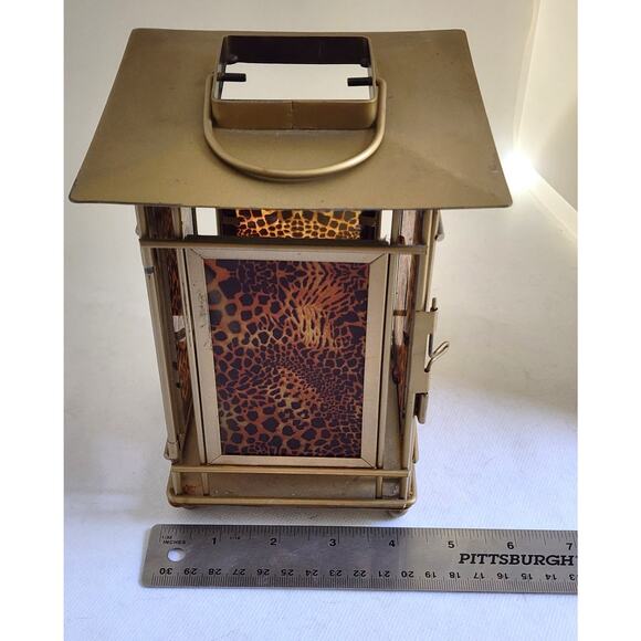 CANDLE HOLDER/Gold Tone-Leopard Glass Sides, Handle to Hang, Latch Door - Picture 11 of 11